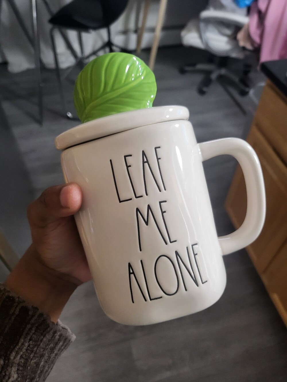 Rae Dunn Artisan Collection By Magenta #213 Mug with Lid " Leaf Me Alone"